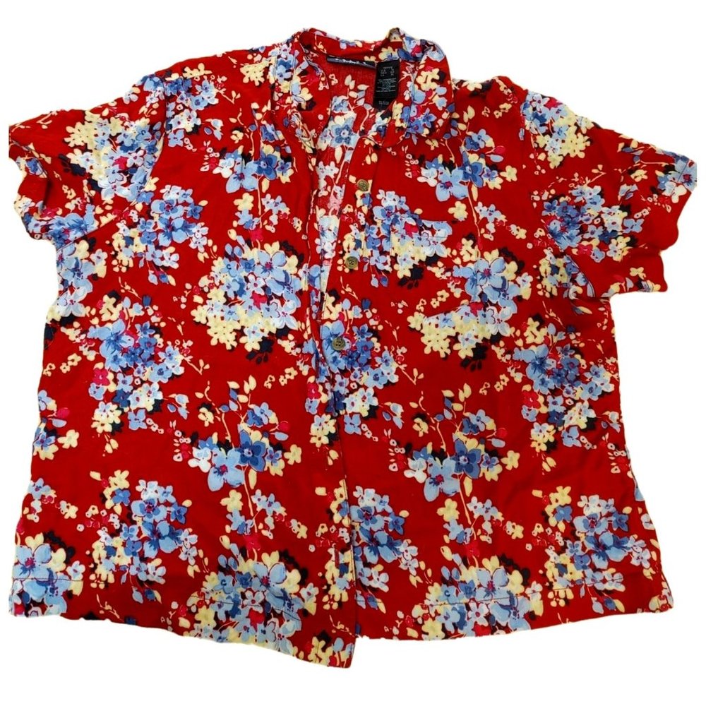 Crazy Horse Hawaiian‎ Shirt Short Sleeve Floral Blouse Red Women's Size XL